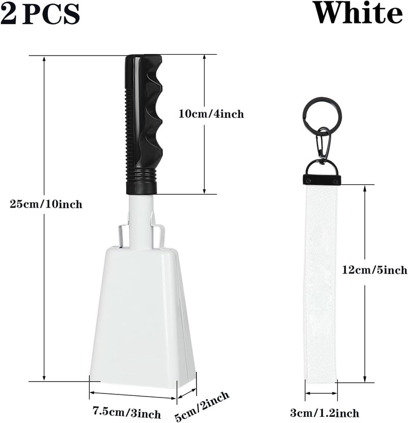 HEYLEAYAR 10Inch Cowbells with Handle for Sporting Events, 2Pcs Large Cow Bells with Wrist Straps, Loud Noise Makers for Cheering Football Games Spirit Marathon Weddings Party Noisemakers, White - Image 2